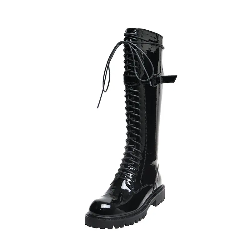 QUTAA/ г.; сапоги до колена из лакированной кожи на шнуровке и молнии; Модные женские Нескользящие сапоги на квадратном каблуке с круглым носком; Size34-40 - Цвет: black-Patent Leather