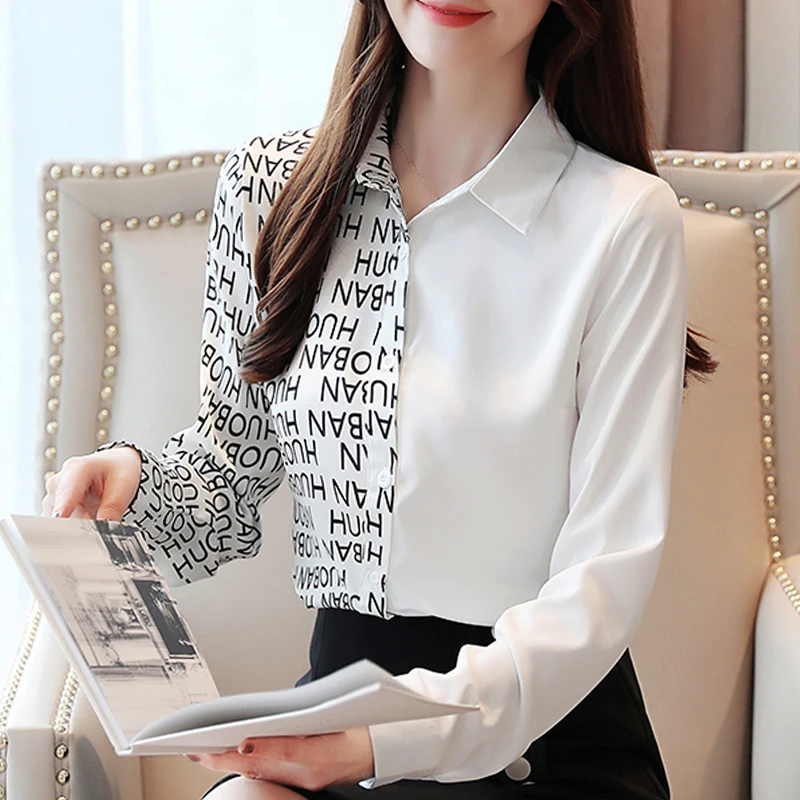 Осенняя женская блузка, женские топы, рубашки с длинным рукавом для женщин, топы, шифоновая блуза с буквенным принтом и v-образным вырезом, корейский топ 7124 50