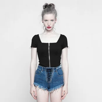 

PUNKRAVE Women's Punk Square Collar Short Sleeve Knit T-shirt Personality Slim Daily Casual Summer Metal Zipper Cardigan Tops