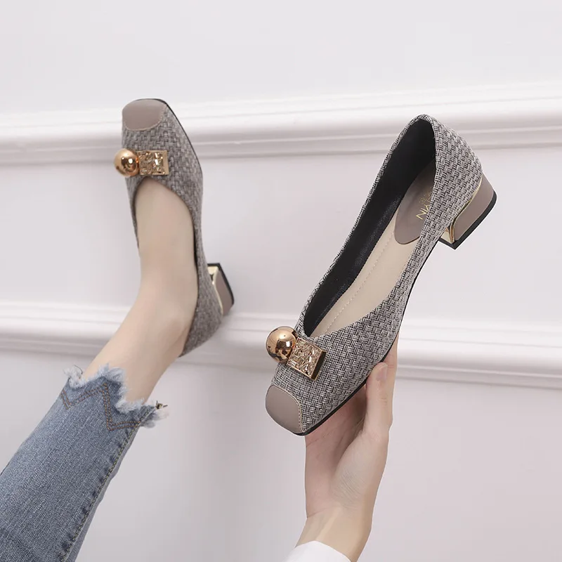 Small Square Head Shallow Mouth Single Shoes Women 2022 Spring Thick Heel Square Round Metal Buckle All-match Shoes