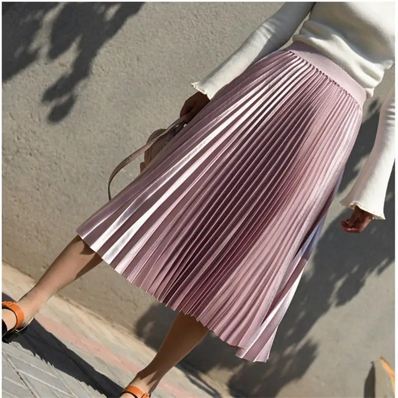 Qiuxuan блестящая металлическая длинная юбка женская плиссированная юбка осень зима эластичная высокая талия приталенная Повседневная Женская юбка миди