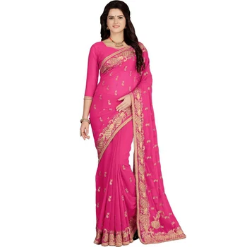 

Indian Saree Pink Gold Embroidery Ethnic Traditional Wedding Wear
