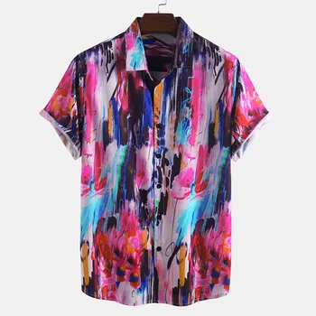 

2020 Mens Striped Printed Turn Down Collar Short Sleeve Casual Shirts Hombre