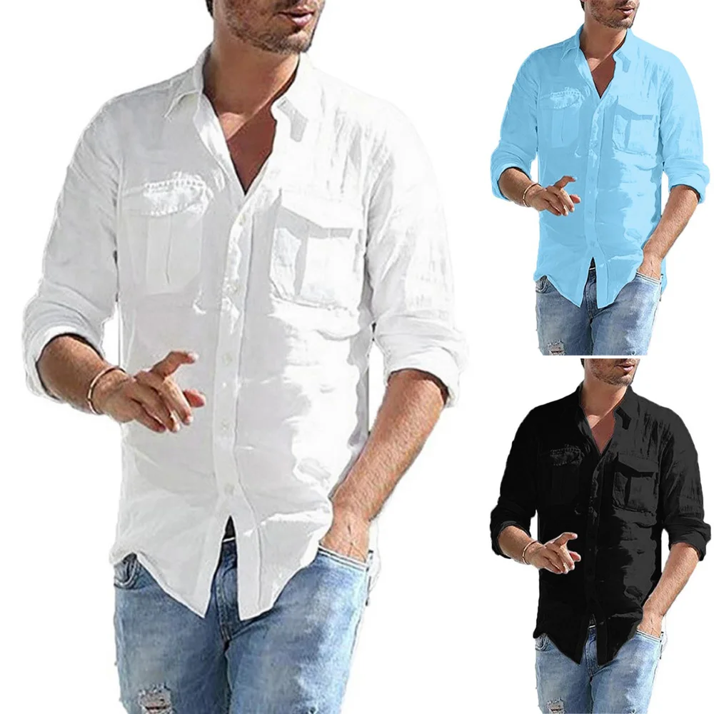 Простая дизайнерская мужская рубашка однотонные топы с длинными рукавами, с отворотом и карманом