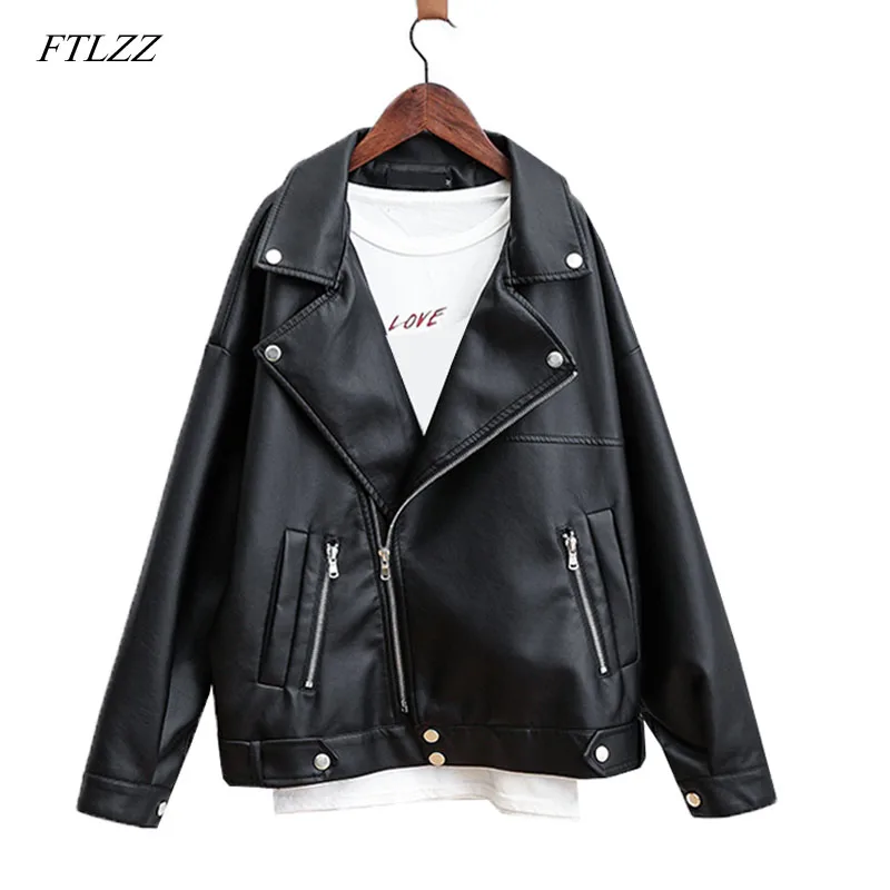 

FTLZZ New Black Pu Leather Jacket Spring Autumn Women Rivet Zipper Turn-down Collar Short Loose Faux Leather Punk Jackets