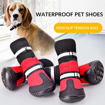 

4Pcs Winter Dog Shoes Golden Retriever Samos Husky Cotton Boots Waterproof Fabric Non-slip Shoes Rain Boots Large Dog Pet Shoes