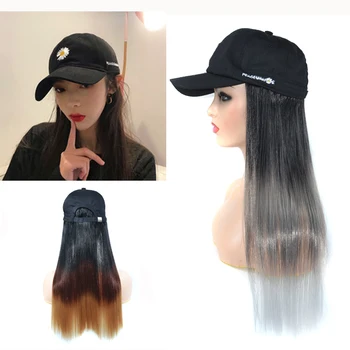 

Beiyufei Hair net red small daisy hat wig straight duck tongue cap color gradual change long straight hair hat wig integration