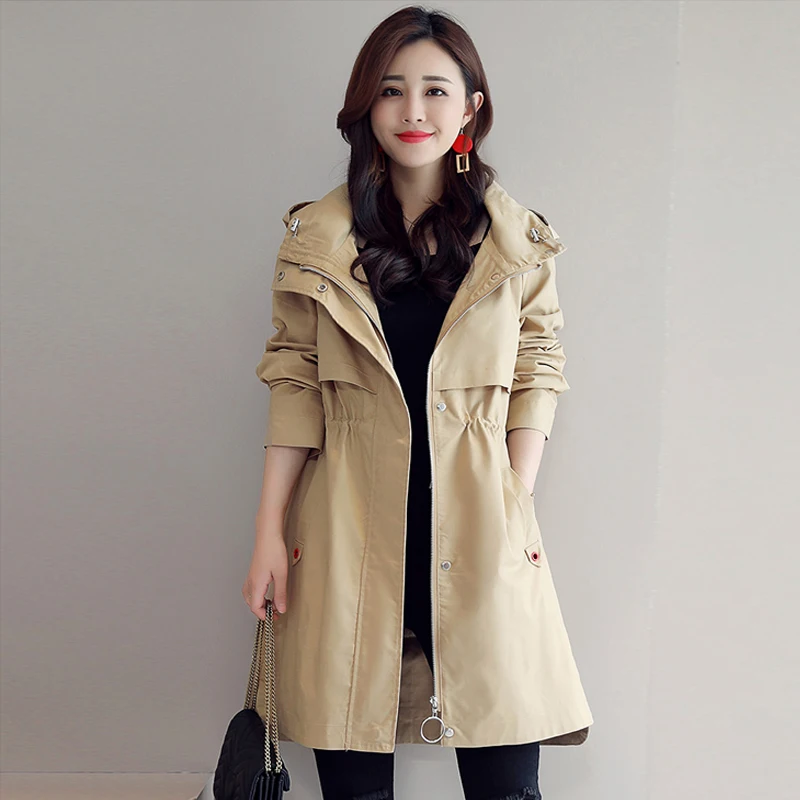 

New Solid Fall 2020 Women Trench Jacket Mid-Length Zipper Drawstring Belt Hooded Stand Collar Wide-Waisted Fashion Jacket Women