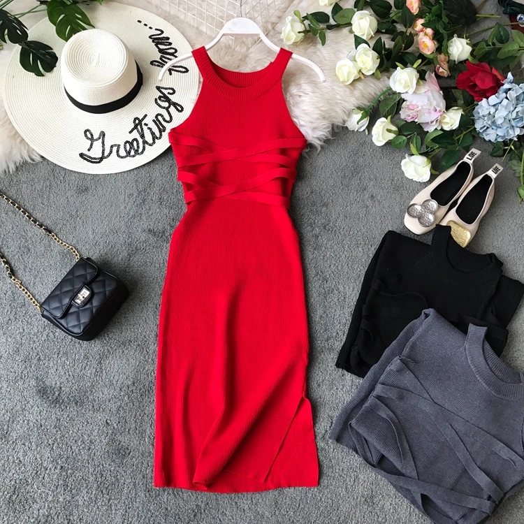 

Ladies Knitted Bodycon Sleeveless Slim Pencil Dress Women Casual Skintight Cross Belt Over Hip Solid Color Base Long Dress