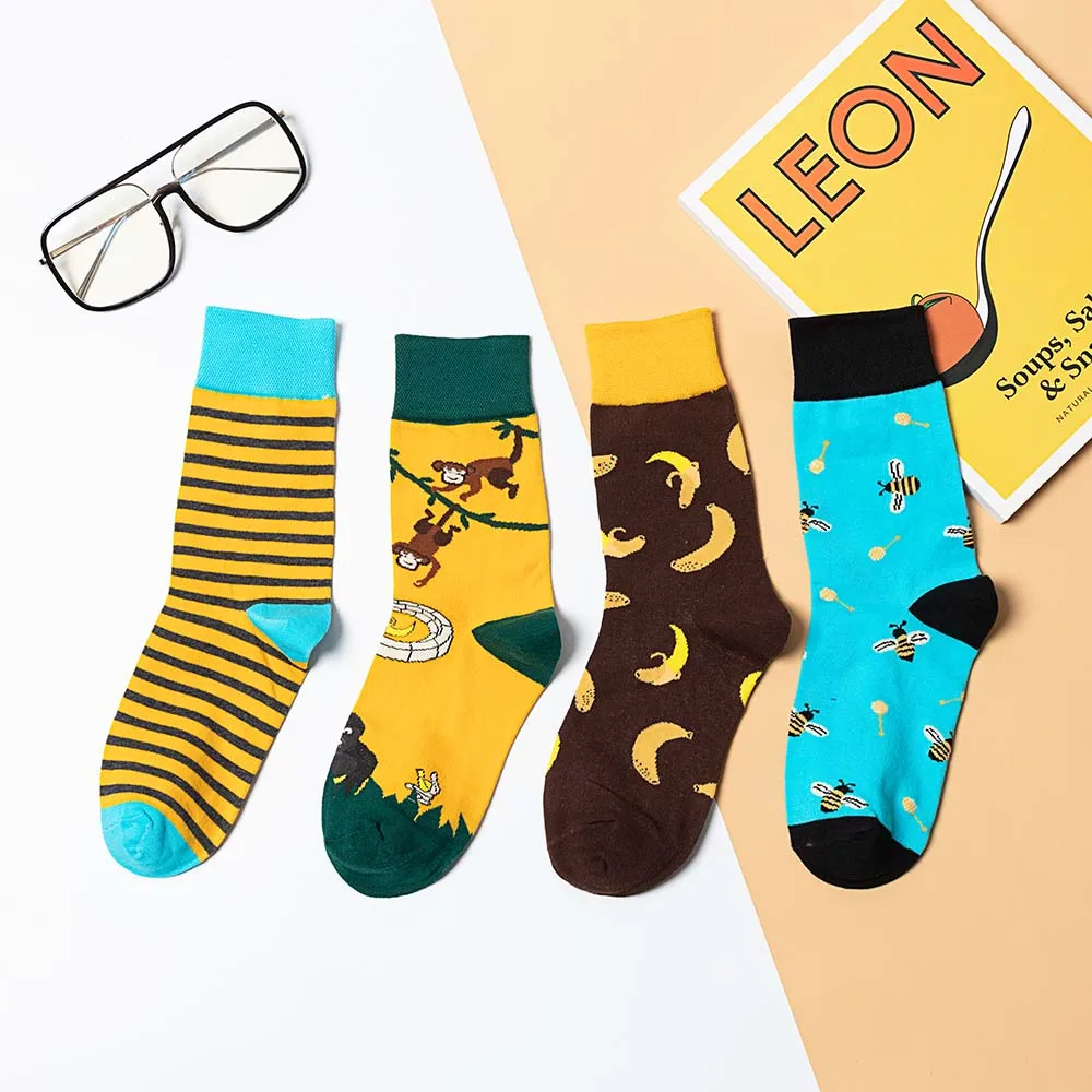 

4 pairs lot pack Women Banana Monkey Bee Funny Cartoon Kawaii Cute Colourful Fashion Lovely Happy Harajuku Short Cotton Socks