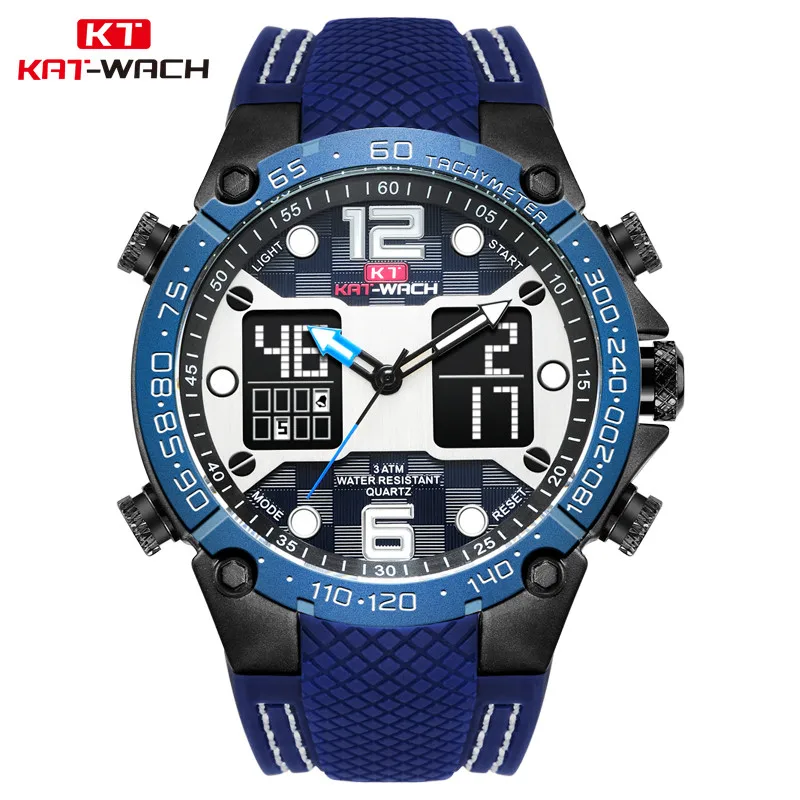 KAT силиконовые многофункциональные модные спортивные мужские s часы 5 АТМ, водонепроницаемые часы мужские Кварцевые лучший бренд класса люкс Relogio Masculino - Цвет: Синий