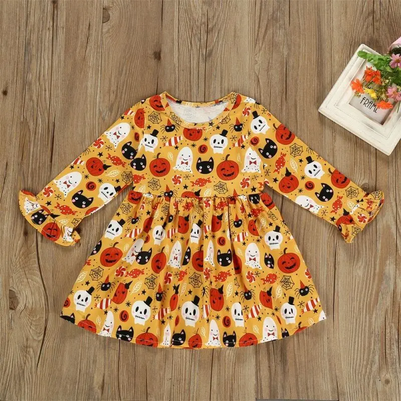 

1-6 Years Toddler Kids Baby Girl Halloween Clothes Pumpkin Print Princess Dress Casual Party Dress Sundress