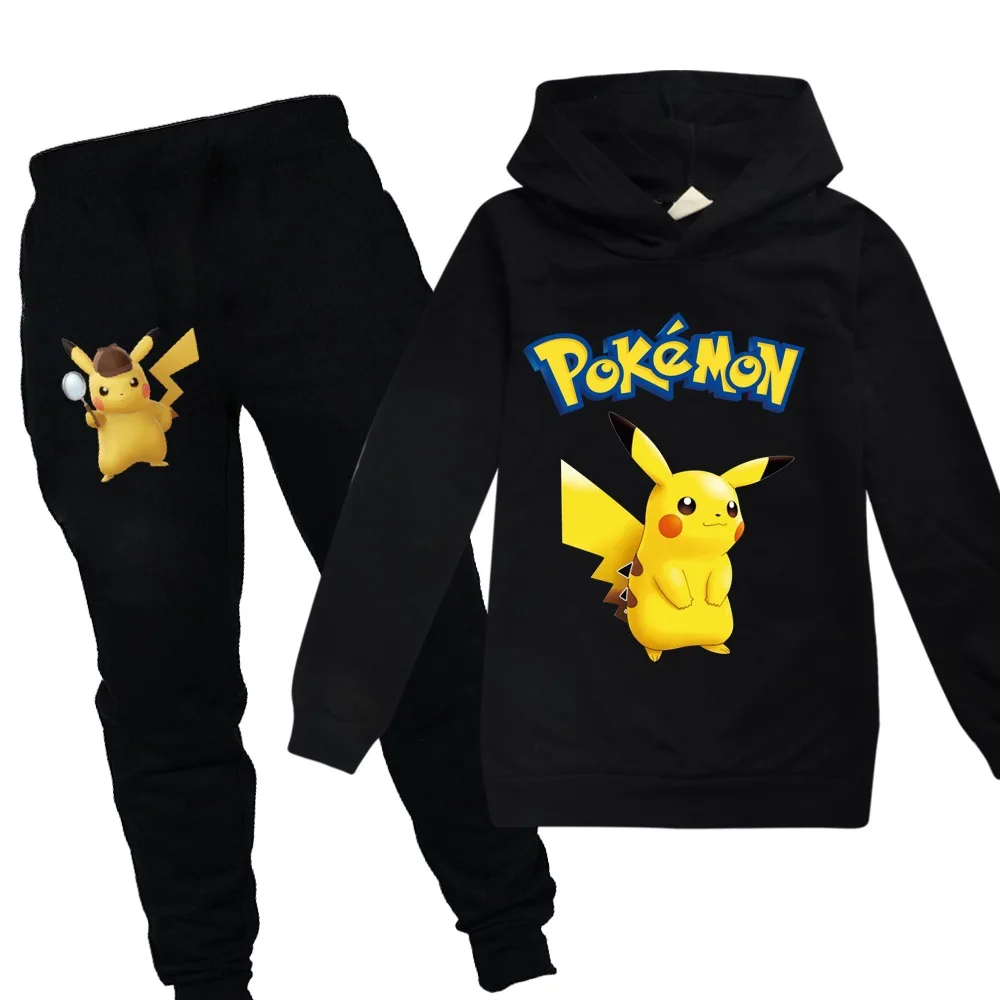 Детская одежда для мальчиков и девочек с принтом «POKEMON GO», «Detective Pikachu»; осенний свитер; комплект из 2 предметов; хлопковая Спортивная толстовка с длинными рукавами и рисунком; комплект с футболкой