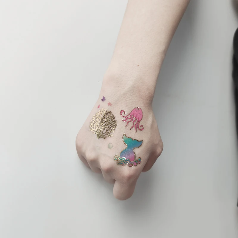 cartoon temporary tattoos for kids girls tattoo children mermaid ocean rainbow tattoo sticker gold animals small decal glitter