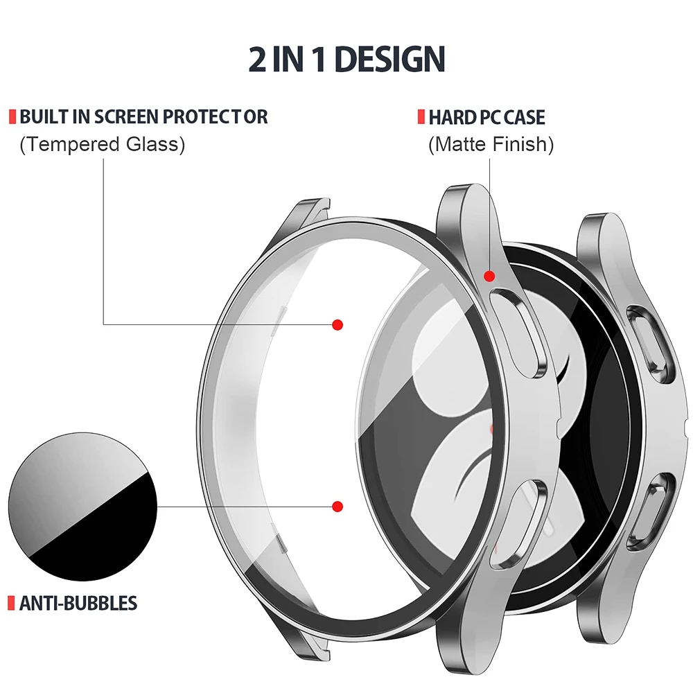 Tempered Glass+Matte Watch Cover for Galaxy Watch 4 Case 44mm 40mm，Bumper Full Screen Protector for Samsung Galaxy Watch4