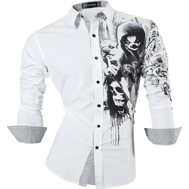 Sportrendy Men's Shirt Dress Casual Long Sleeve Slim Fit Fashion Dragon Stylish JZS041 JZS047-White