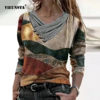 נשים מזדמנים כפתור מודפס חולצות חולצות Vintage V צוואר בתוספת גודל Loose סוודר חולצות אופנה ארוך שרוול Blusa Streetwear 3XL