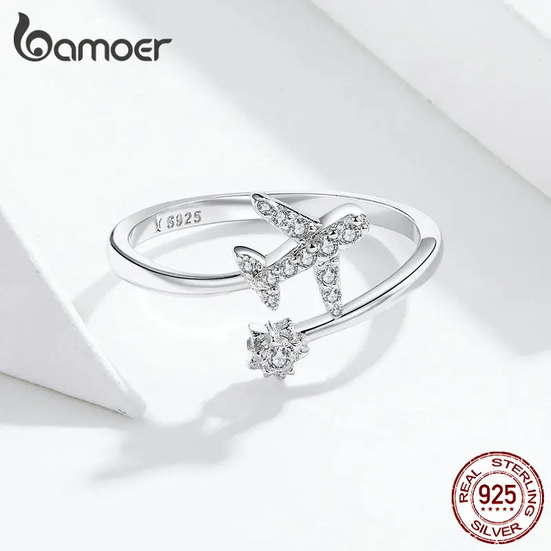 Bamoer, настоящее 925 пробы, серебро, летающий самолет, открытые, кольца на палец для женщин, прозрачные, CZ, регулируемые кольца, хорошее ювелирное изделие, SCR623