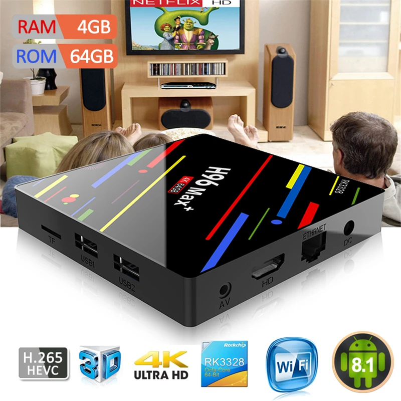 ILEPO H96 MAX Plus Android 8,1 Смарт ТВ коробка RK3328 4 ядра Оперативная память 4 Гб Встроенная память 32 GB/64 GB 2,4/Wi-Fi 5 ГГц Wi-Fi 100M LAN Арабский Ip ТВ H ТВ