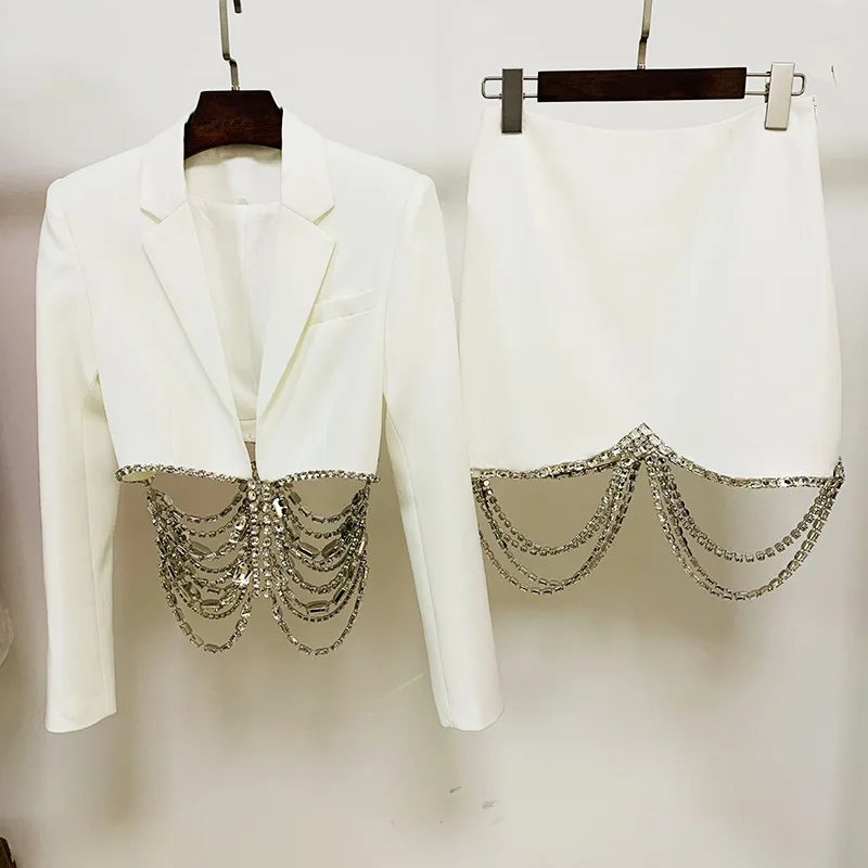 

2022 Spring Summer Chic Women's High Quality Crystal Chain Blazers Jackets+ Mini Skirts Two Piece Set B394