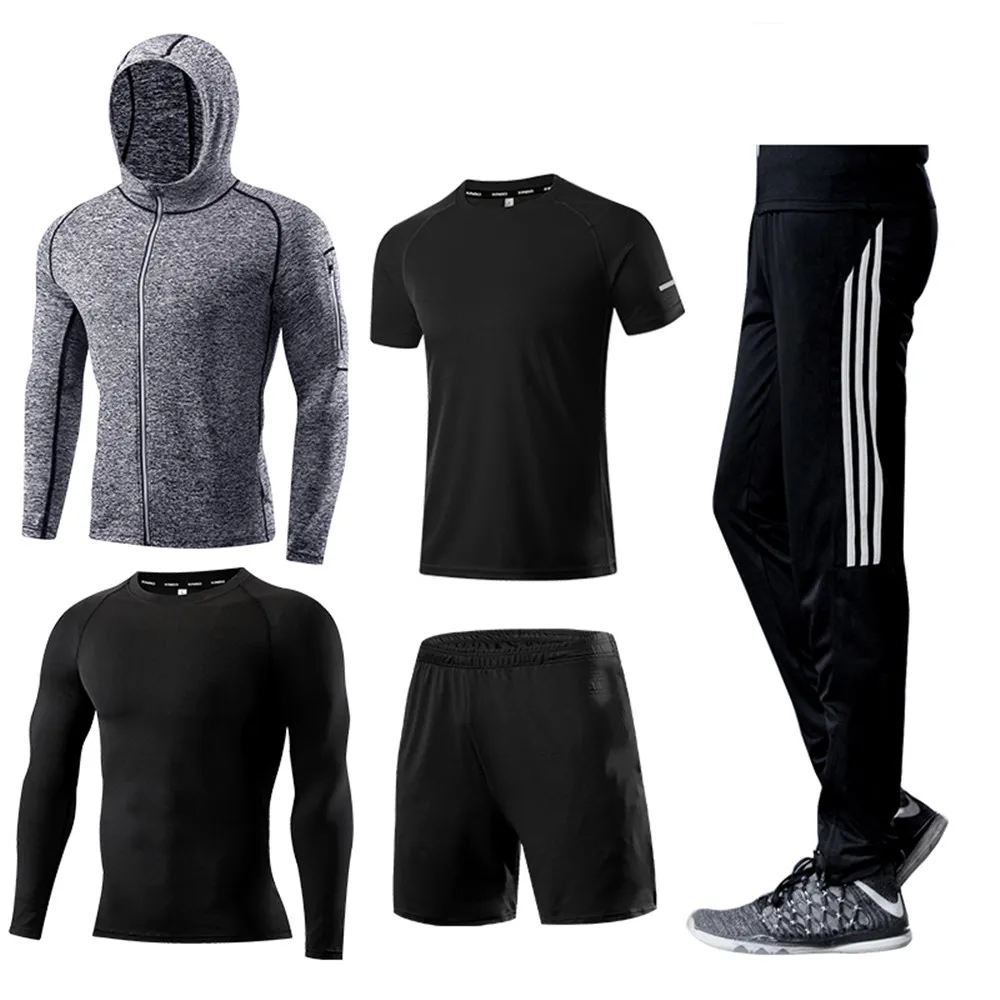 Mens Sport Running Set Compression T-Shirt + Pants Skin-Tight Long Sleeves Fitness Training Clothes Gym Running Suits Outfit Set