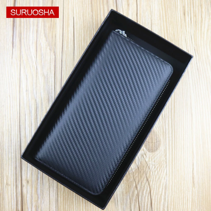 

Men Wallets Carbon Pattern Genuine Leather Long Purse For Men with Gift Box Men Wallets