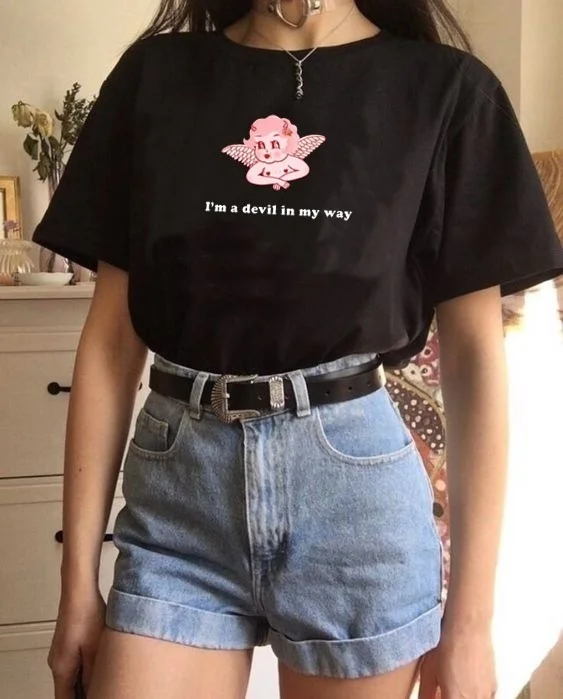 

Fashionshow-JF Devil in My Way Letter Print Top Unisex Cute Aesthetic Grunge Black Tee Satantic Gothic Clothing Witch Shirt