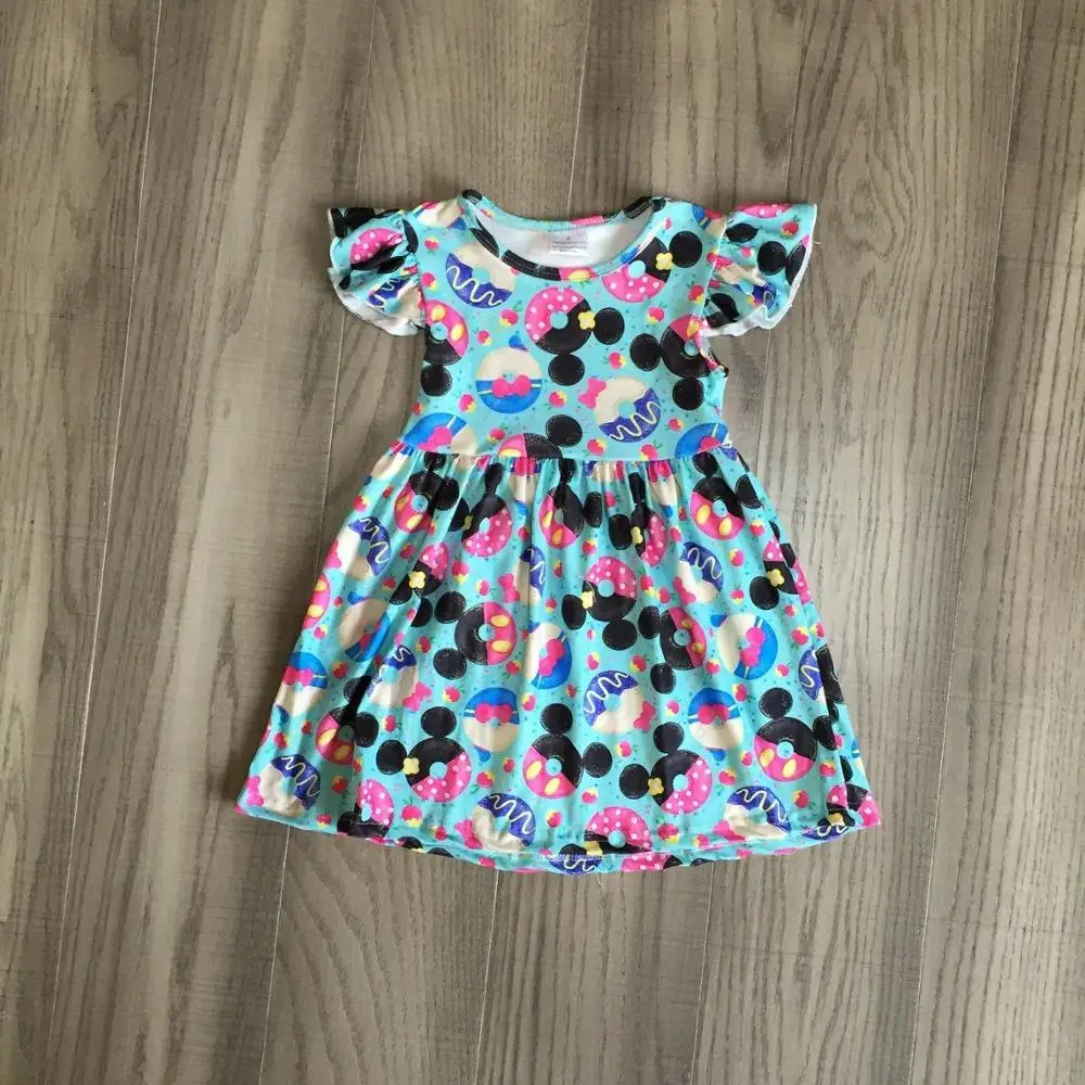 Summer Girls Mouse Donut Print Blue Milk Silk Dress | Детская одежда и обувь