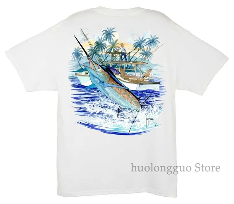 Guy Harvey мужские Marlin and Boat 2 рыболовные снасти футболки выбрать размер Белый 3X100% хлопок Мужские Футболки женские топы футболки