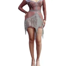 Birthday Celebrate Diamons Dress Fashion Sparkly Crystals Fringes Dress Evening Party Long Sleeves Rhinestones Stretch Dress