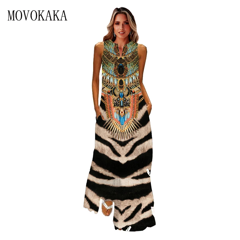 MOVOKAKA Human Face Printed Black Dress 2022 Elegant Casual Vintage Dresses Woman Summer Beach Sleeveless Girls Long Dress Women monsoon dresses