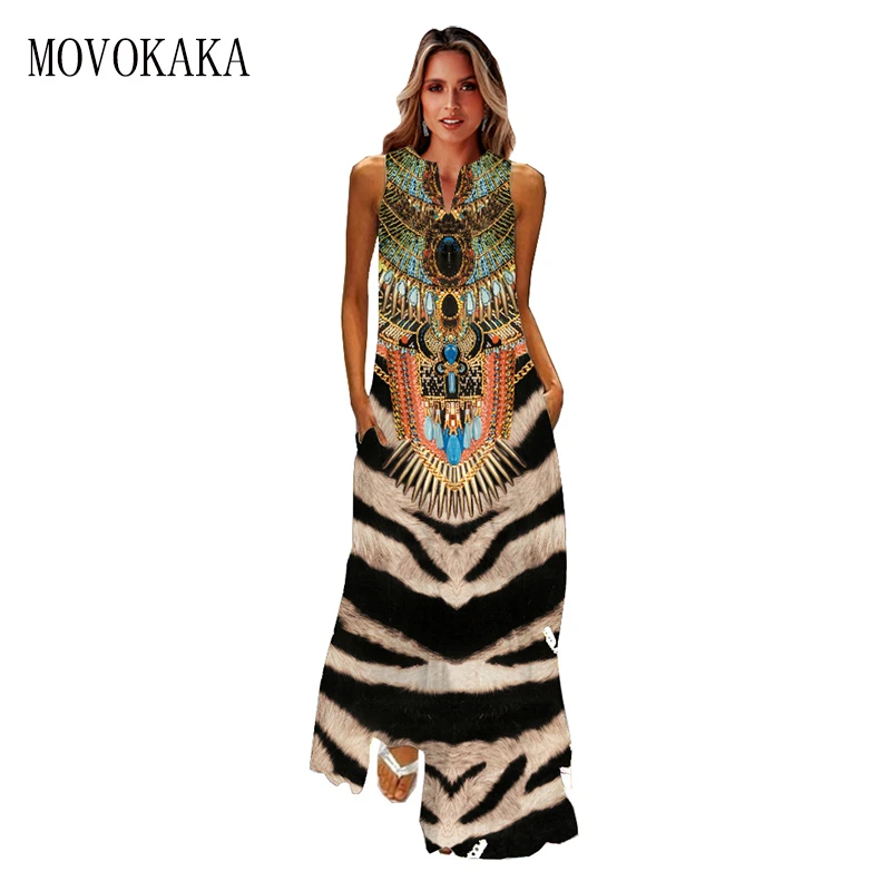 denim dress MOVOKAKA Spring Summer Long Dress Women Party Elegant V Neck Casual Holiday Beach Tiger Print Dresses Vintage Sleeveless Dresses purple dress