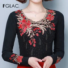 Blusas mujer de moda зимняя бархатная плотная черная блузка с длинным рукавом и цветочной вышивкой, рубашка размера плюс, Женские топы и рубашки