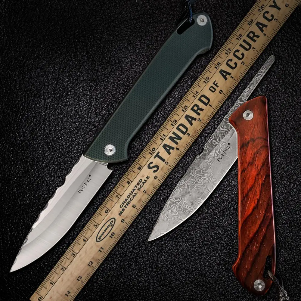 TURENZ Damascus / D2 Steel Blade Lockless Folding Knife EDC Self