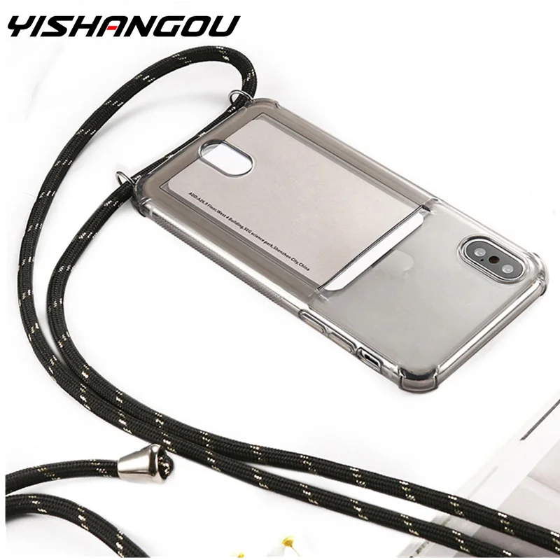 ID Credit Card Slot Holder Clear Case For iPhone 12 mini 11 Pro XS MAX
X XR 8 7 Plus Soft TPU Chain Necklace Lanyard Back Cases