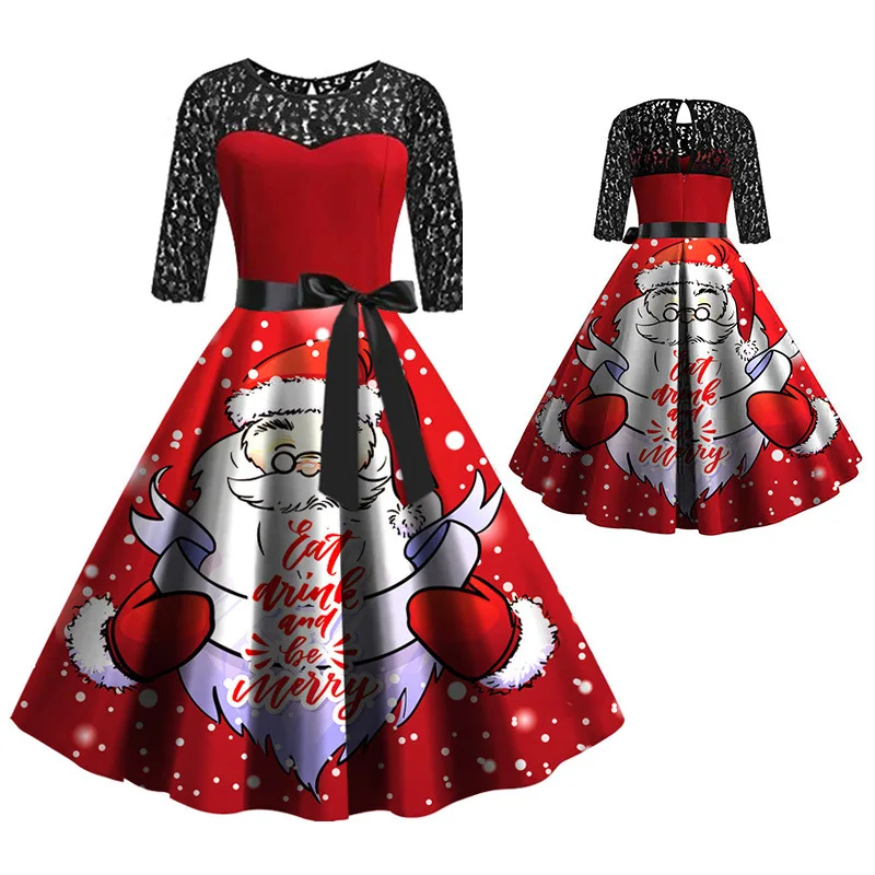 

2019 Autumn And Winter New Style Hot Selling Long Sleeve Lace Joint Big Hemline Santa Claus Floral Printed Dress Fc755