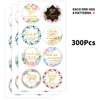 

8 Design Flower Thank You Stickers Seal Label with 300Pcs Gold Foil Sticker for Scrapbooking Packaging Stationery Sticker Rolls