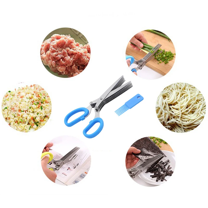 

Multi-functional Stainless Steel Knives 5 Layers Scissors Sushi Shredded Scallion Cut Herb Spices Scissors Cooking Kitchen Tools