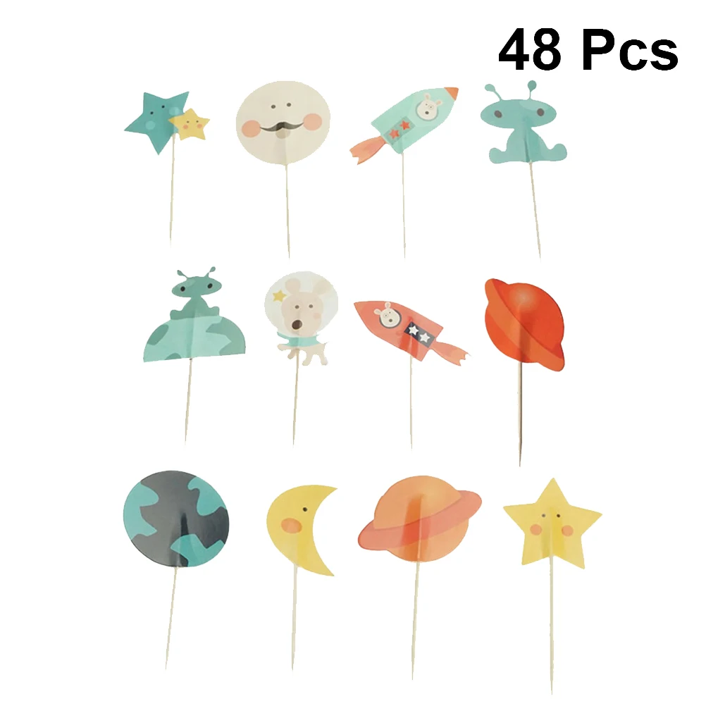 

48pcs Card Planet Design Space Cake Topper Decorative Food Picks Rocket Inserts Cupcake Toppers For Birthday Baby Shower Party