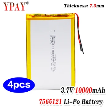 

4pcs XINJ 3.7V 10000 mAh Li Polymer Battery 3wires for thermistor 7565121 For GPS PSP PAD ipod Portable DVD Power bank Tablet PC