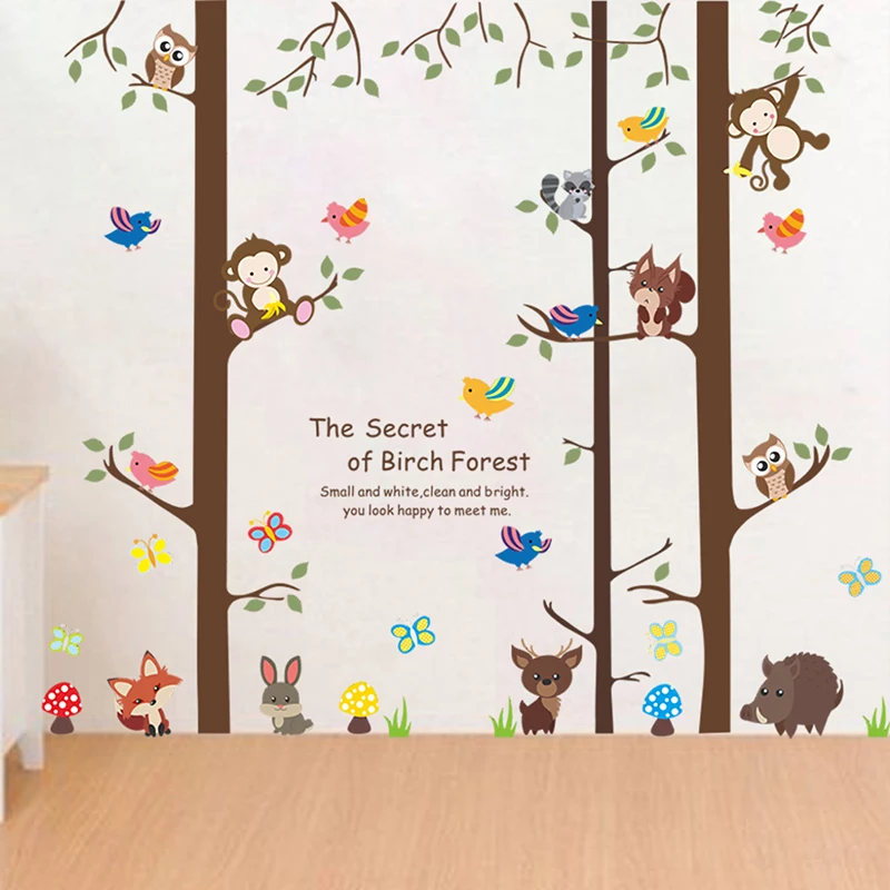 Forest Monkey Tree Wall Stickers For Kids Room Decoration Cartoon Owl Monkey Animal Decal DIY Mural PVC Poster