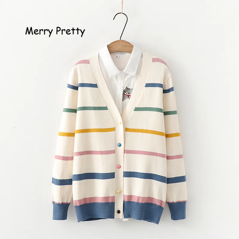 Merry Pretty, женские кардиганы и свитера, для девочек, разноцветные, радужные, в полоску, вязаные кардиганы, женские, Осень-зима, милая, вязанная верхняя одежда