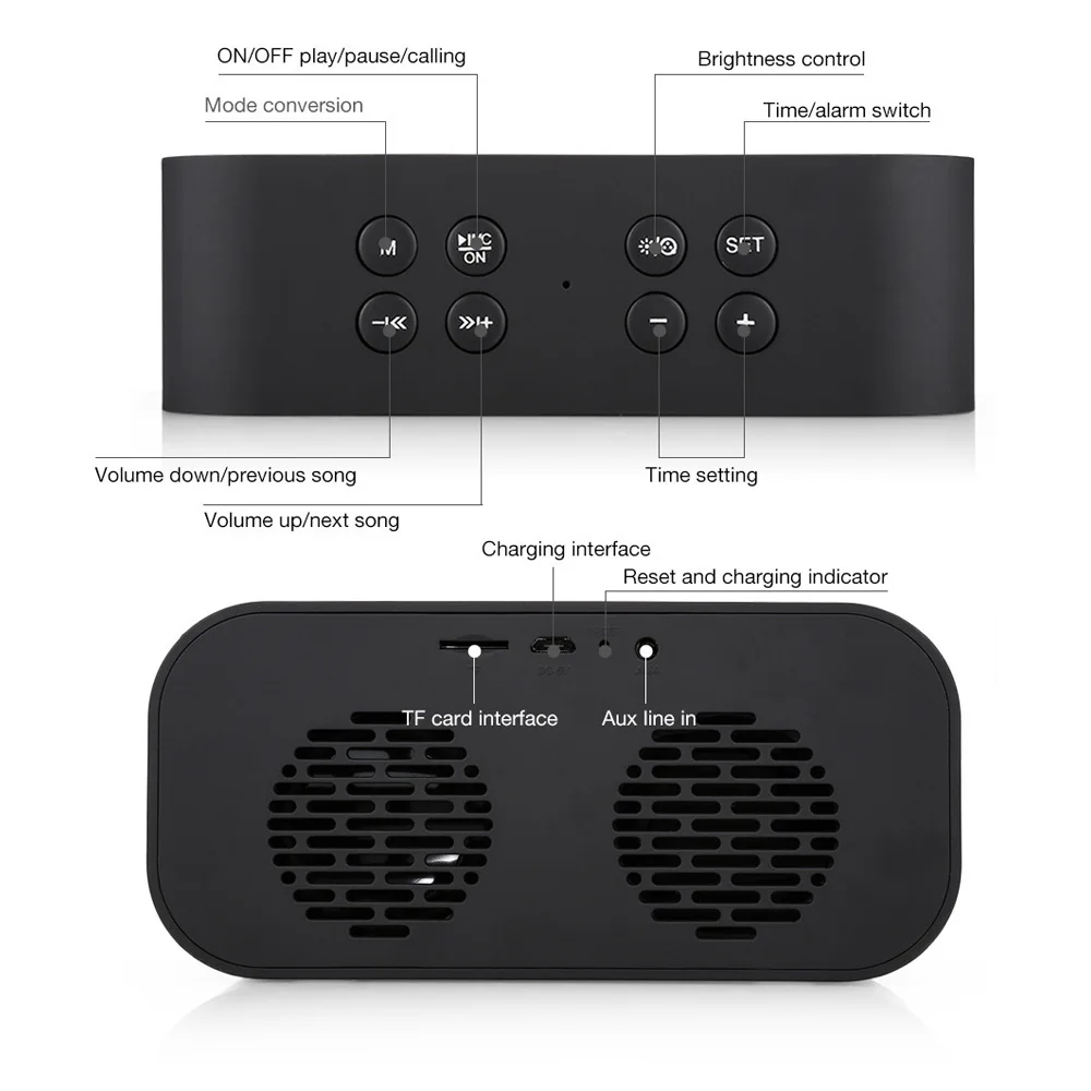 Беспроводной Bluetooth 5,0 динамик светодиодный дисплей музыкальный будильник 3,7 V 2000mAh 7.4wH с функцией будильника Поддержка режима сна