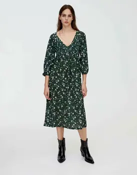 

2020 Spring Summer New Romantic green Floral Pleated zaraing women Dress sheining vadiming female dress vintage sexy Xdn9306