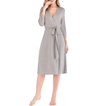 

7-Sleeve Sleepwear Robes Autumn Solid Color Knee-Length Simple Modal Casual Gray Robes