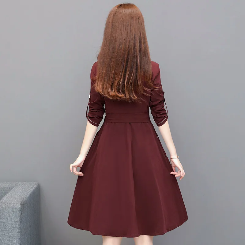 

Mid-length Solid Color Simple Commuting Dress 2019 New Style Korean-style Fold-down Collar Long Sleeve Versitile Fashion Base Sk