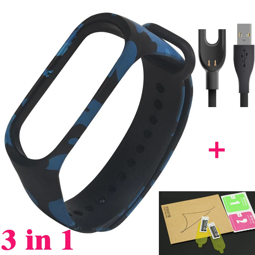 YHNUJM Камуфляжный, силиконовый ремешок+ Защитная пленка для экрана+ usb-кабель для зарядки Xiaomi Mi Band 3 Smart Watch