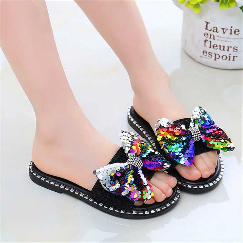 

2019 summer simple new fashion beach girl sandals girls bow flower sequins princess outer wear sandals and slippers Size 26-39