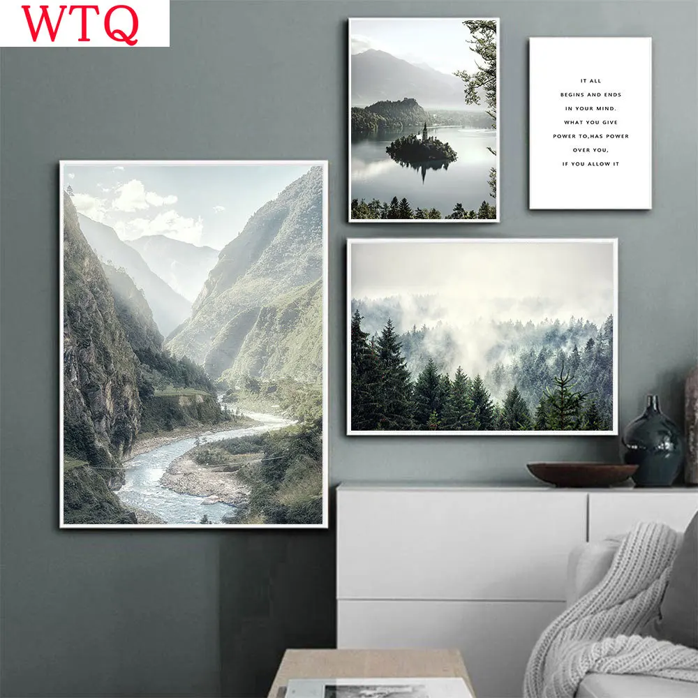 

Настенная картина с изображением туманного леса и гор, озеро, река, природный пейзаж, настенная Картина на холсте, постеры, настенные картины