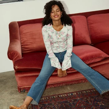 

Cotton Floral Print Chic White Blouse Long Flare Sleeve Button O Neck Jumper Simple Autumn 2020 Casual Sweet Tops